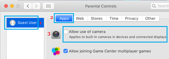 tap on allow user camera to turn off camera on mac
