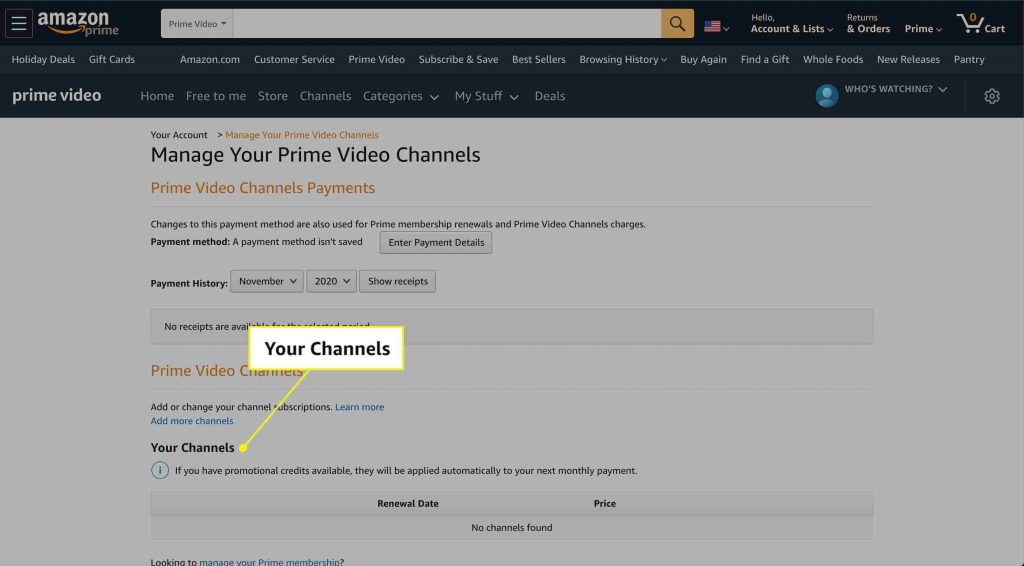 Go to your channels from manage your prime video channels