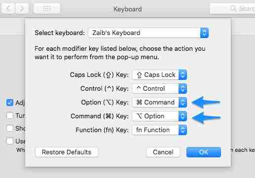 Set the modifier keys for your keyboard control