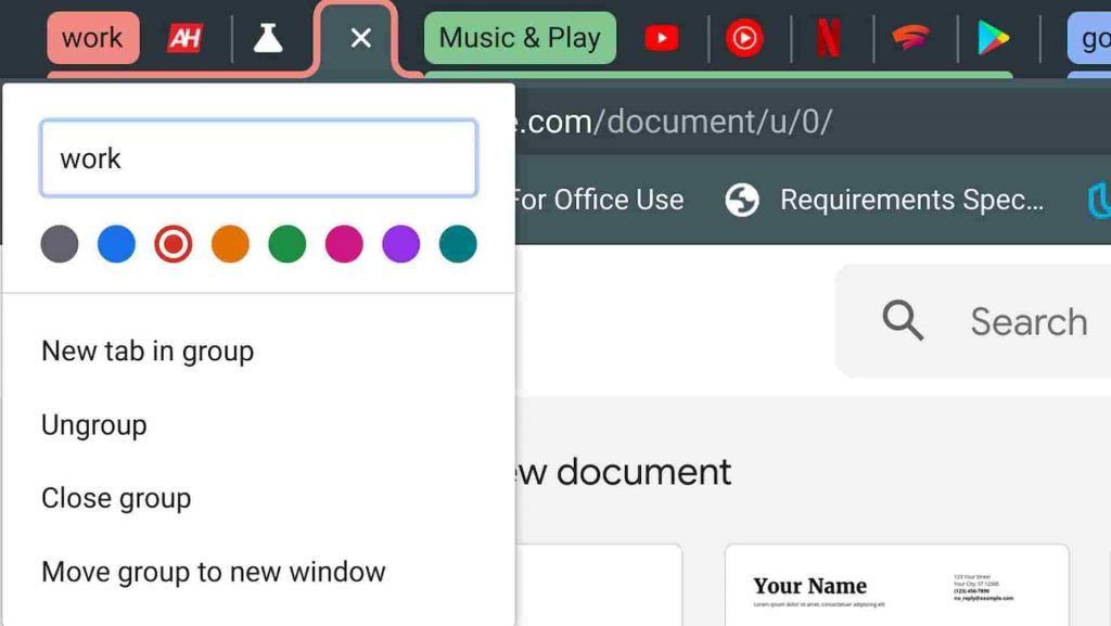 Select ungroup/close group to remove group tabs in Chrome