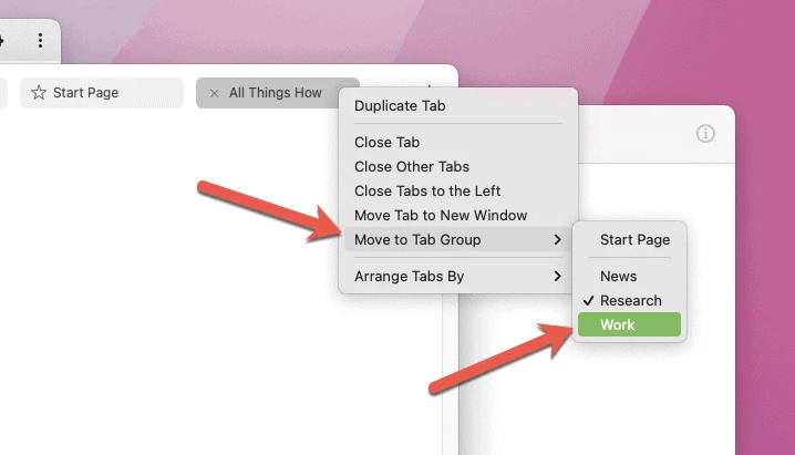 move tab group from one group to another group tab in safari 