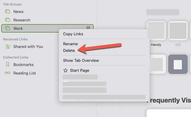 select delete to delete tab group in safari