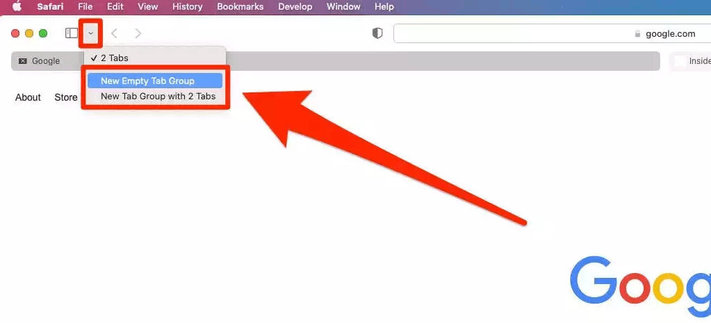 click dropdown arrow to select new tab groups on mac