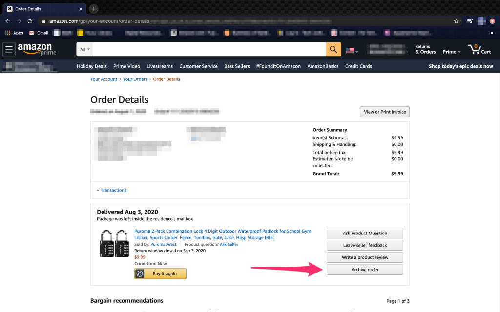Click Archive to hide orders on Amazon