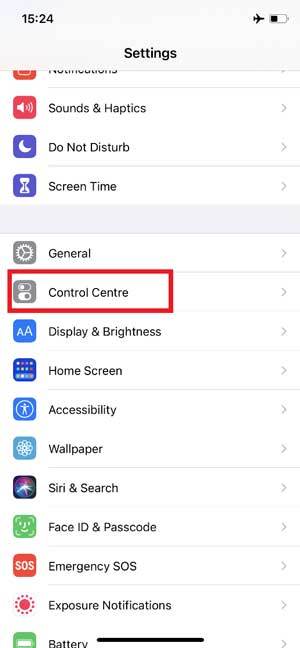 Control Center option in the settings app.