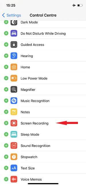 Click + icon to add Screen Recording to the control center.