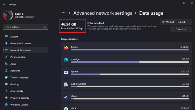 data used on last 30 days