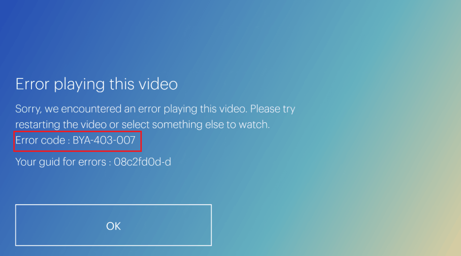 Popup displaying Hulu Error code BYA on the TV Screen