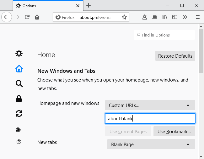 set about:blank on Firefox