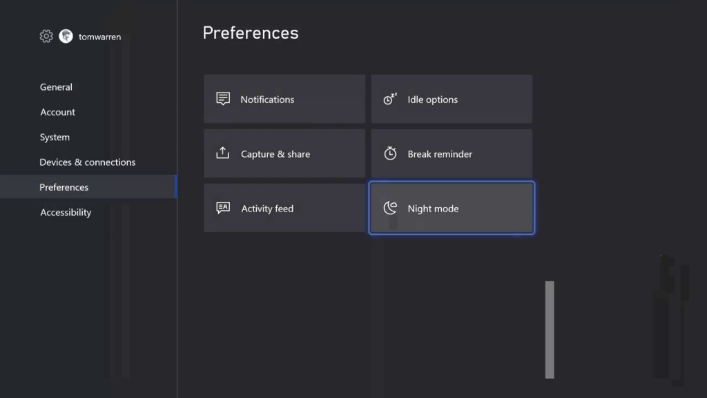 Choose Night Mode on Xbox