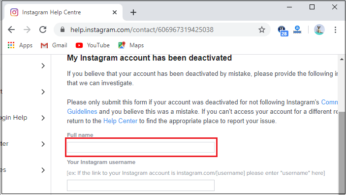 enter full name to reactivate Instagram account