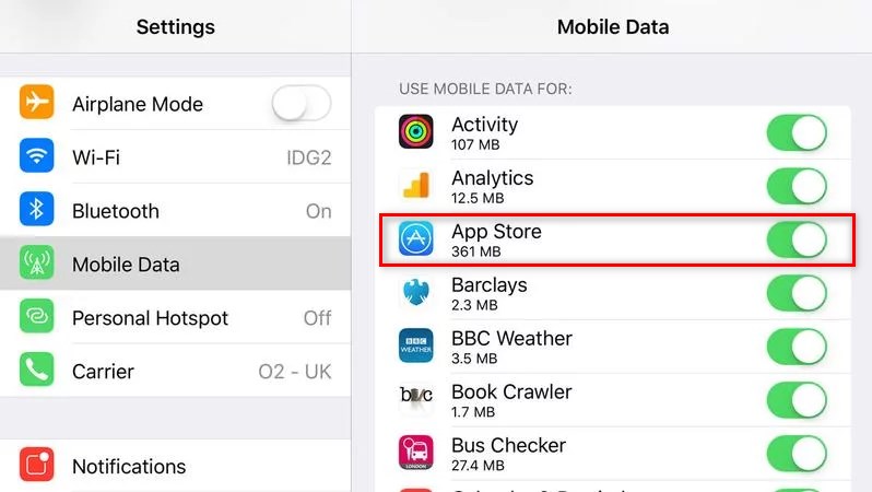 Enable Cellular Data for App Store 