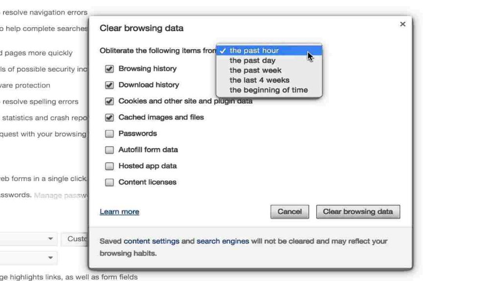 Clear Browsing data option in Google Chrome browser