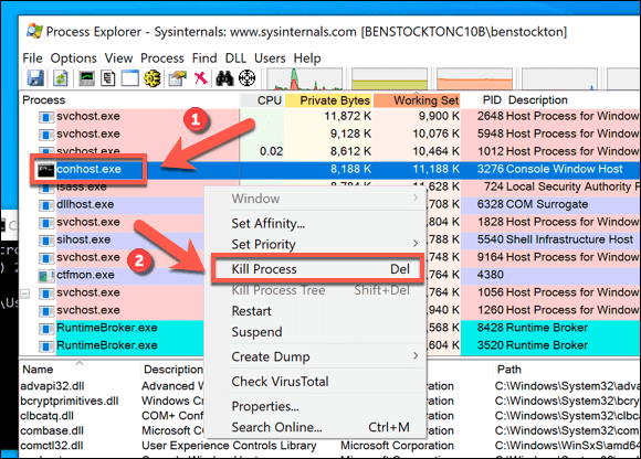 Click Kill Process to remove conhost.exe