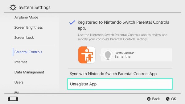 Click Unregister App to unpair Nintendo Switch Parental Control