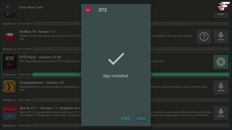 Click Open to launch RTE Player