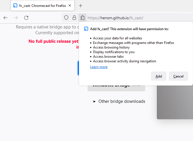 Add Chromecast extension on Firefox