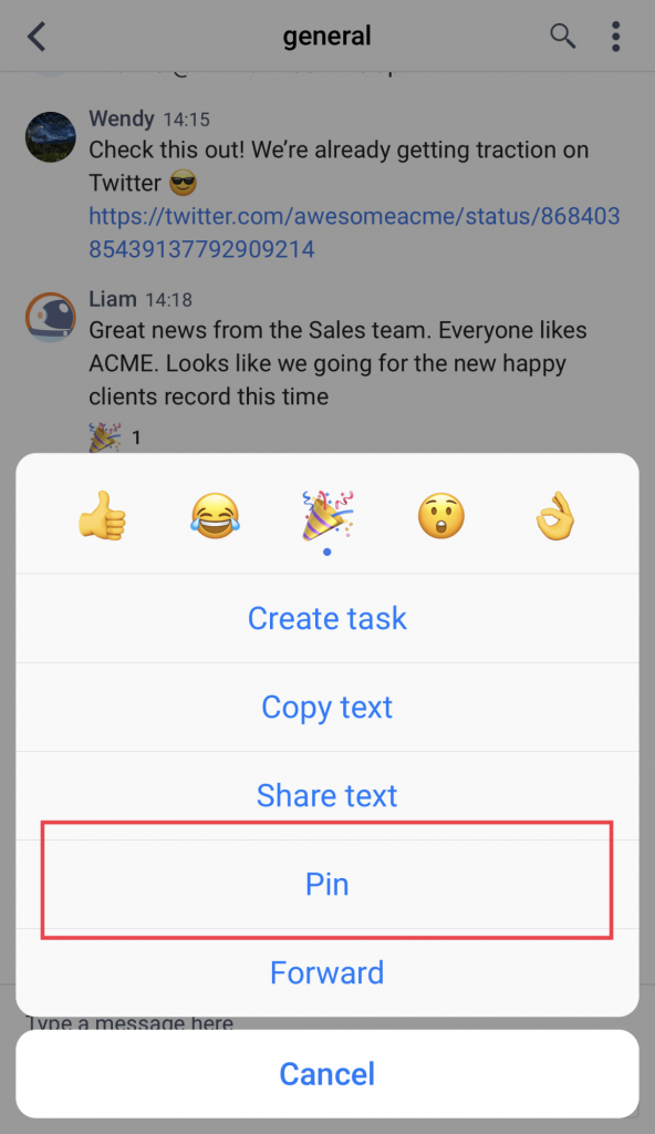 Select Pin to pin a conversation using your smartphone