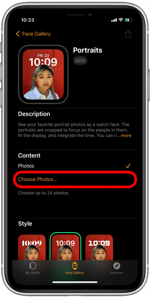 Portrait Watch Face-Choose Photos under the Content section