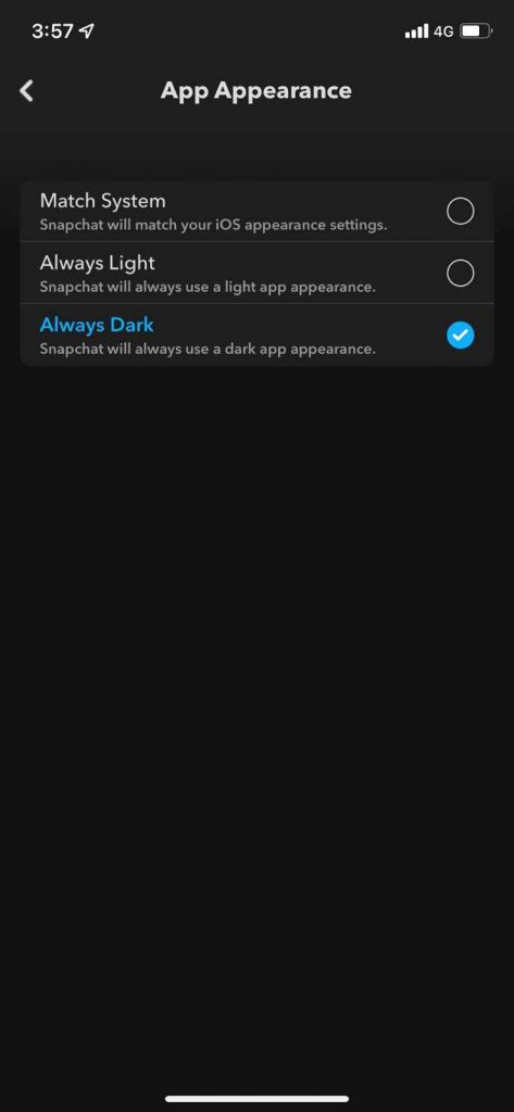 Choose Always Dark to enable Snapchat dark mode