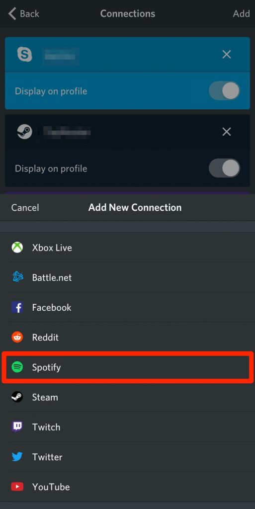 Connect Spotify to Discord- Select Spotify