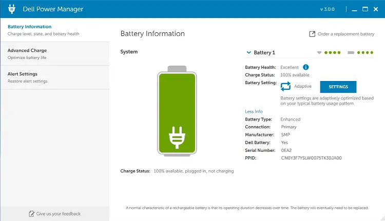 Dell Power Manager Suite showing battery health