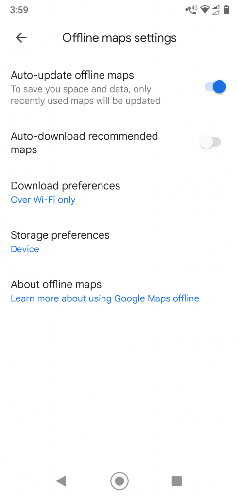 Offline maps settings on Google Maps