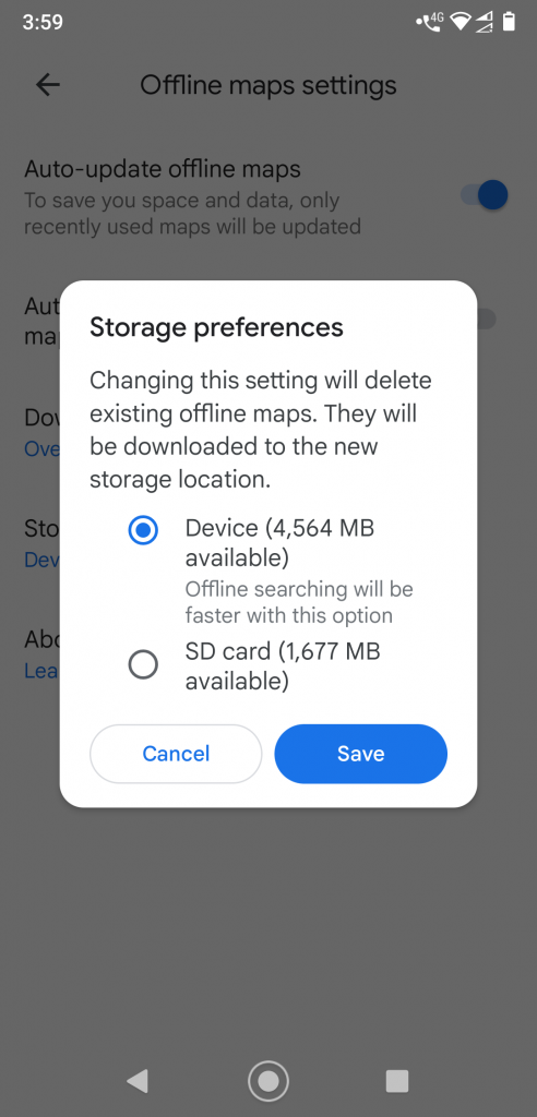 Google Maps Storage Preferences