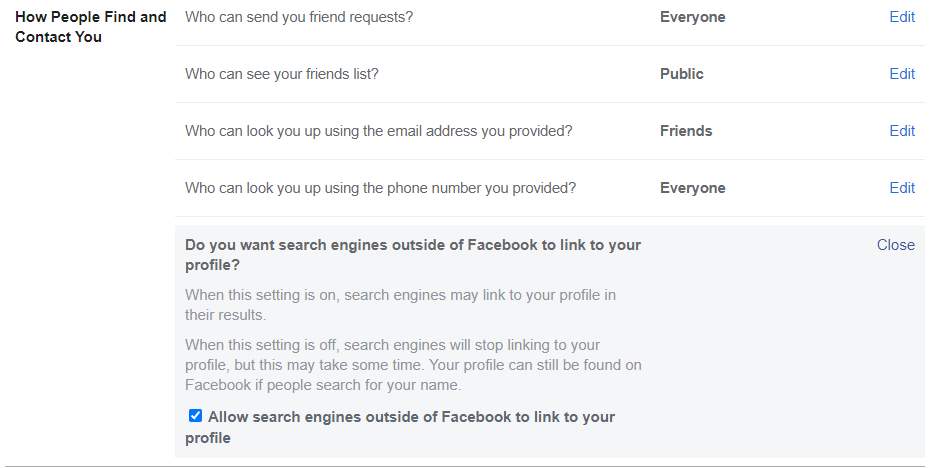 Make Facebook Private in search engines