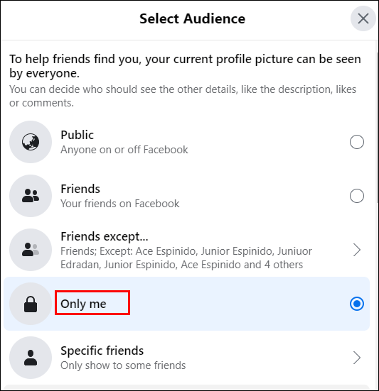 Only me option on Facebook