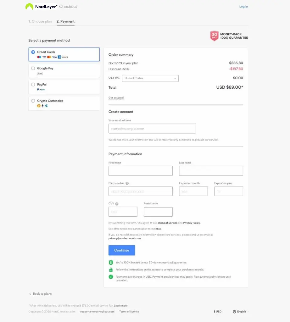 Checkout page NordLayer, with payment methods on the left and customer billing details on the right.