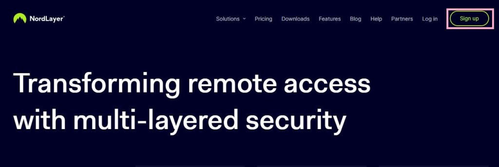 Sign Up button highlighted on the top right corner of the landing page of NordLayer website.