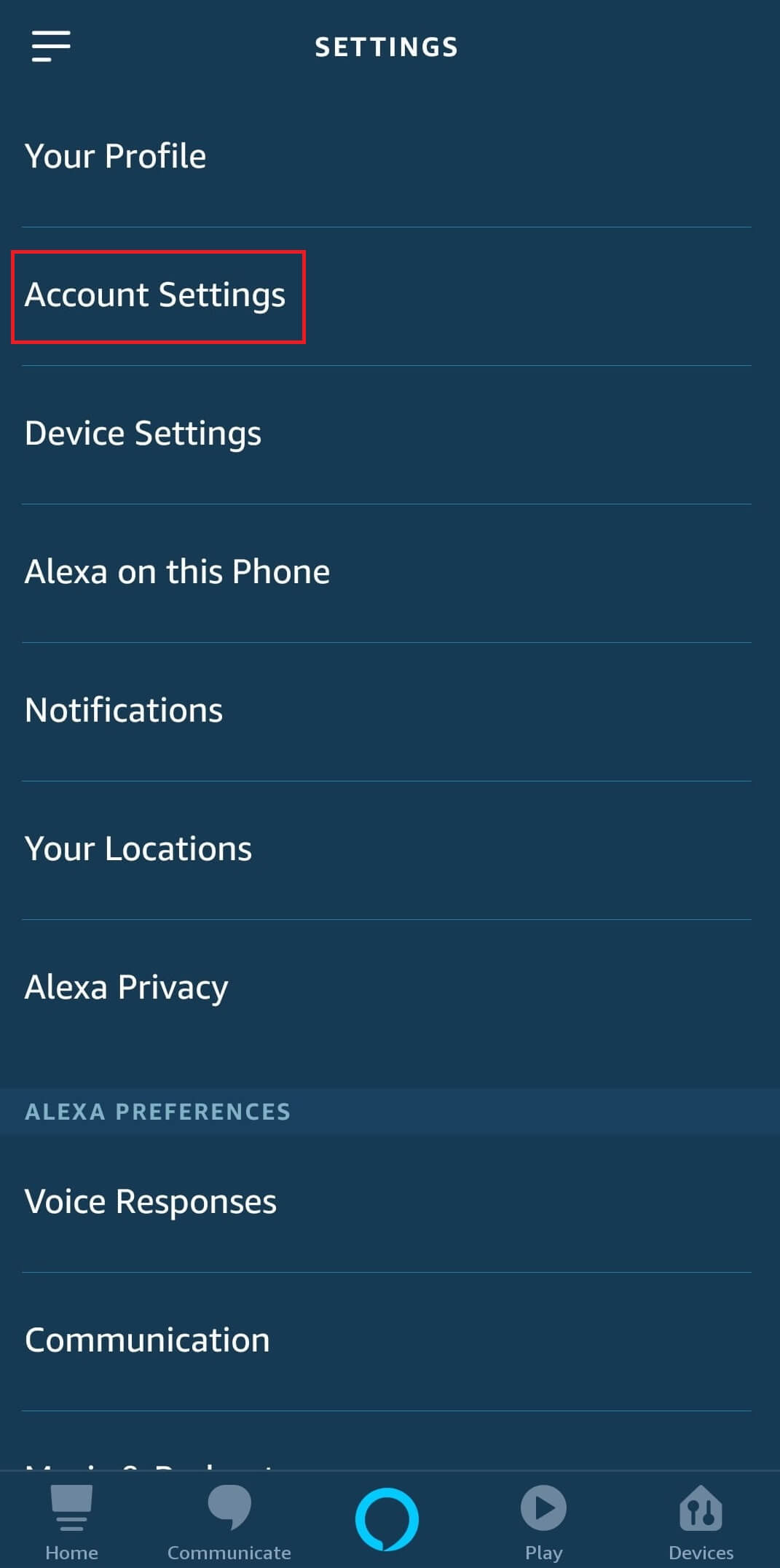 Alexa App Account Settings