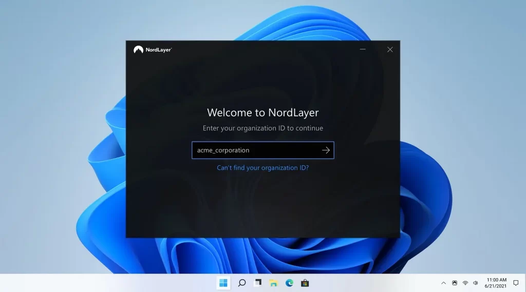 Landing screen of NordLayer Windows application, with an input text field for Organization ID.