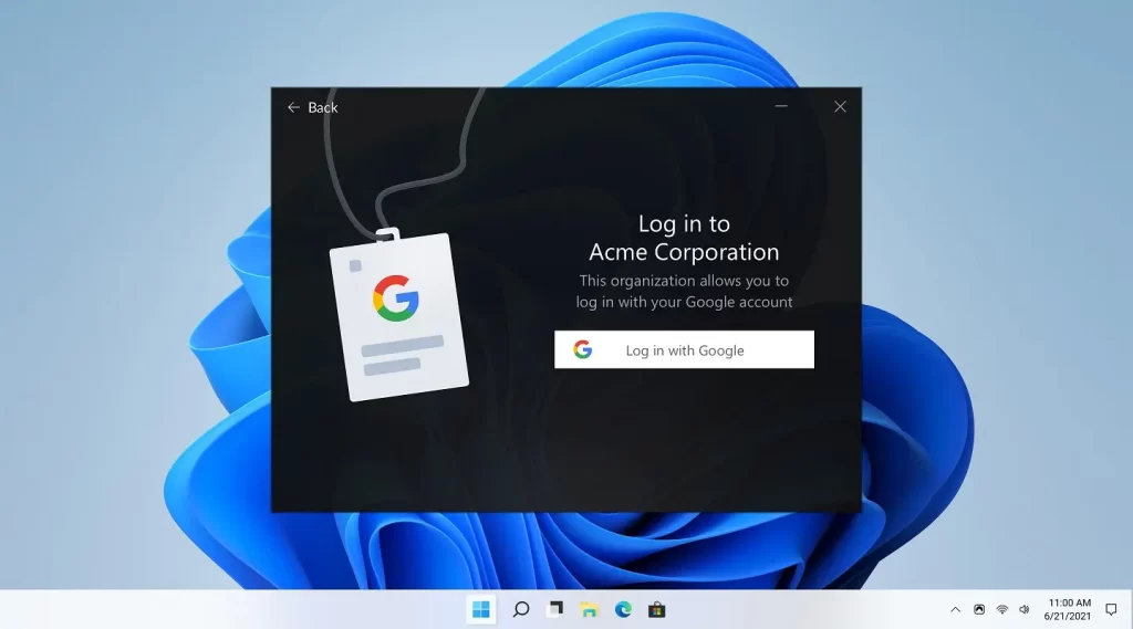 Login screen with button labeled as 'Log in with Google', and Google artwork on the left.