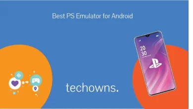 Featured Image of Article with Techowns logo in bottom, and an android smartphone on the right, with title best ps emulator for android written on top