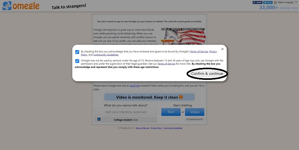 Confirm and Continue button highlight to open the chat app. Tips to find girls on Omegle