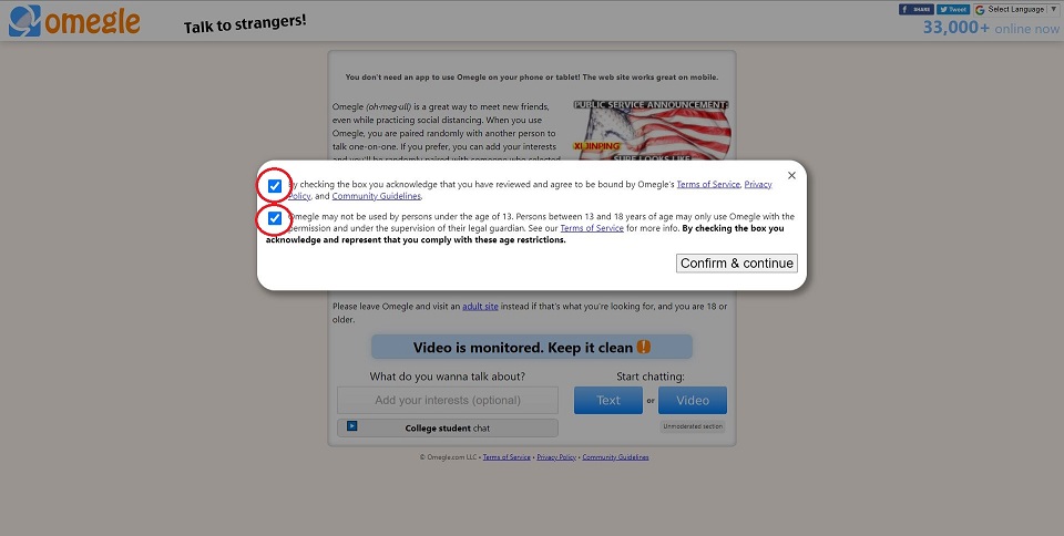 Omegle web page accept the terms by enabling checkbox to confirm and continue.