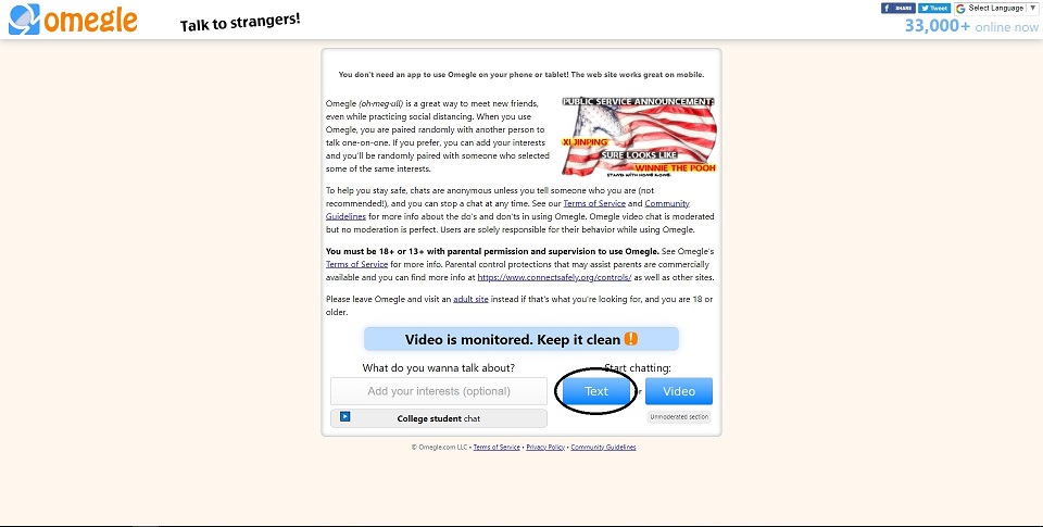 Omegle landing screen with Text button highlighted. Tips to find girls on Omegle.