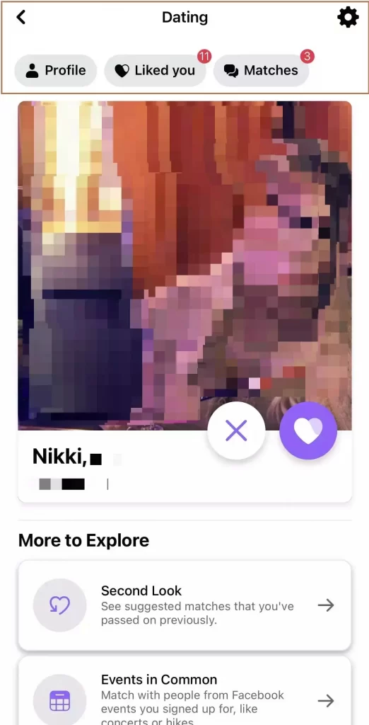 Header in Facebook Dating, consists of Profile, Liked You and Matches buttons with bubble notification.
