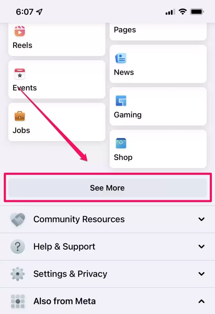 See More button highlighted on the Facebook app screen.