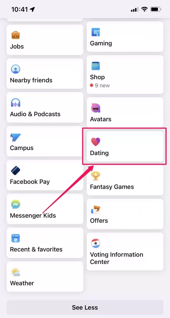 Facebook app screen with Dating app tile being highlighted