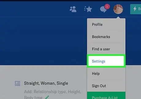 Mouse hovered on profile on the top right of OkCupid page. In the dropdown menu Settings is marked.