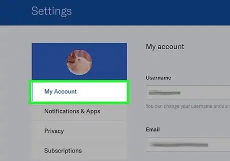 Settings page, with My Account button on left sidebar highlighted.