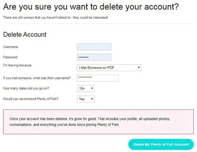 Delete page, prompting user to delete Plenty of Fish account. Also has some questionnaire to answer before deletion.