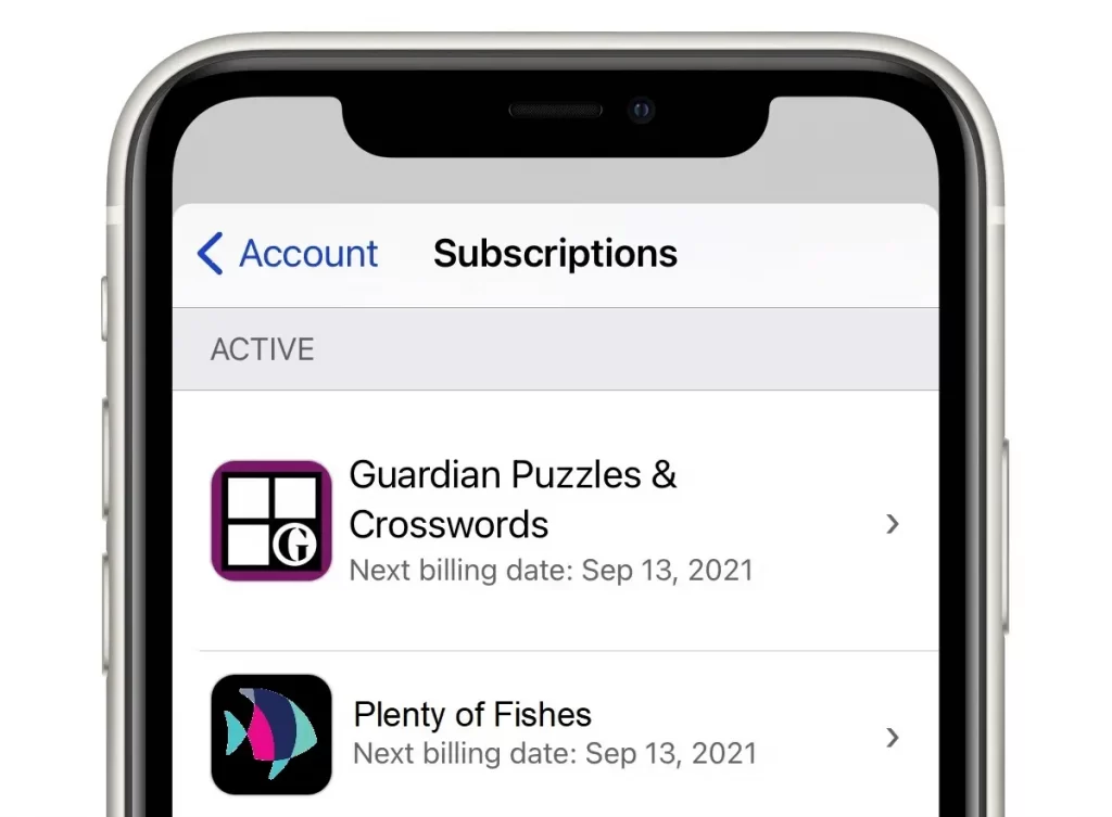 Subscription screen on iPhone with plenty of fishes account listed in second position on the list