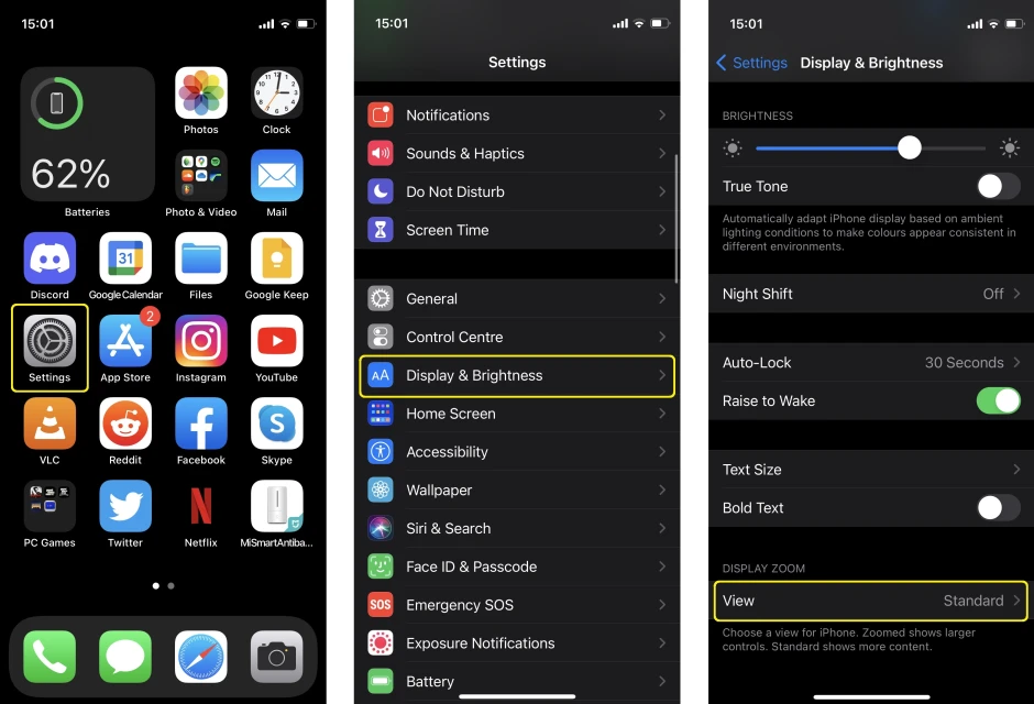 iPhone screens, Middle screen with Display & Brightness highlighted. Right screen with View highlighted.