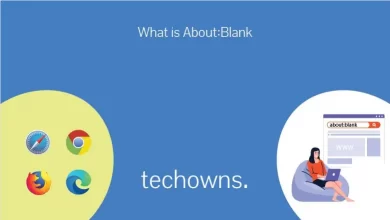 Featured image with techowns logo in the bottom and title what is about:blank.