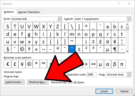 Add Degree Symbol using shortcut key