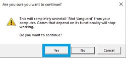 Confirmation of uninstallation of Valorant